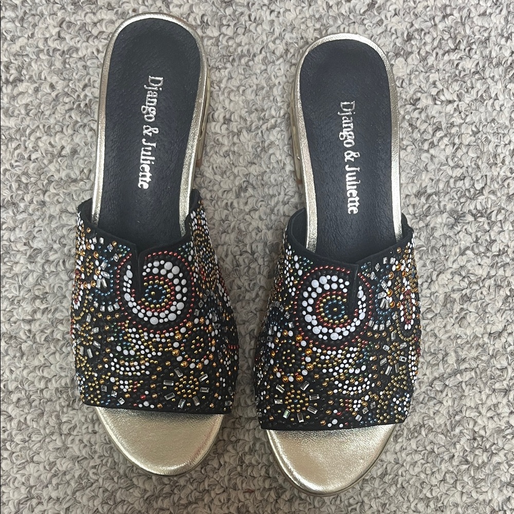 Black and Gold Embellished Women's Slides
